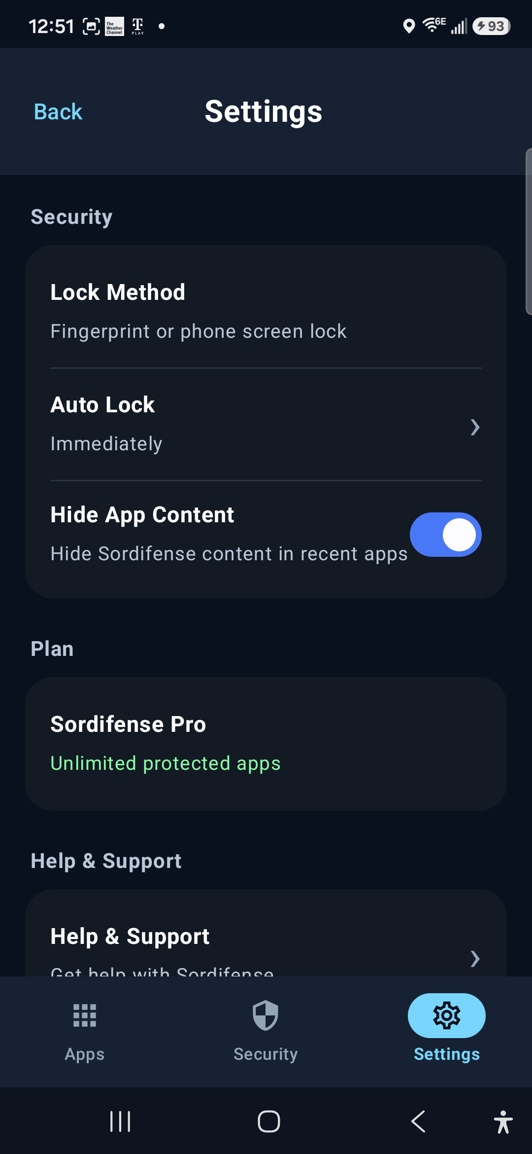 Sordifense settings screen